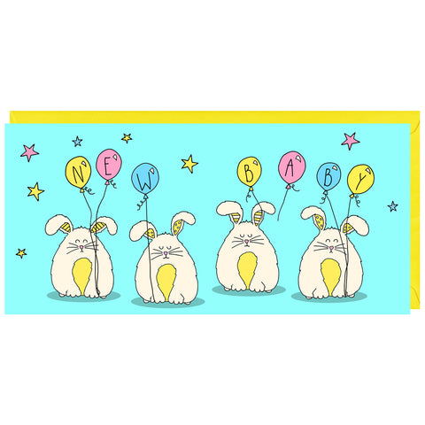 This is a cute card featuring illustrations of a fluffy rabbits to celebrate the birth of a new baby.