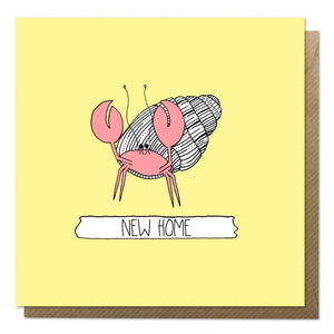 Yellow new home card with an illustration of a hermit crab