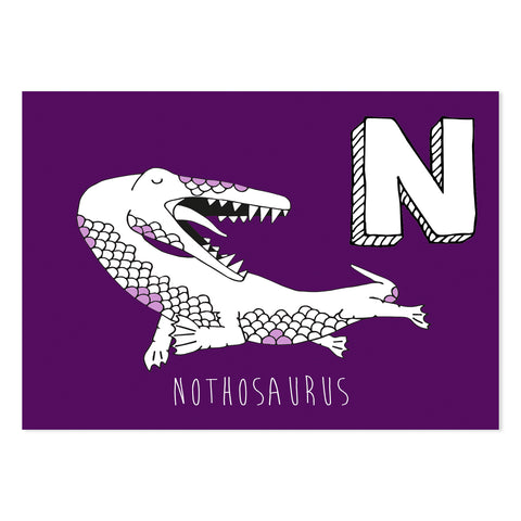 Purple postcard featuring the letter N for nothosaurus