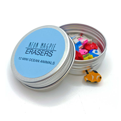 Silver tin with ocean animal erasers
