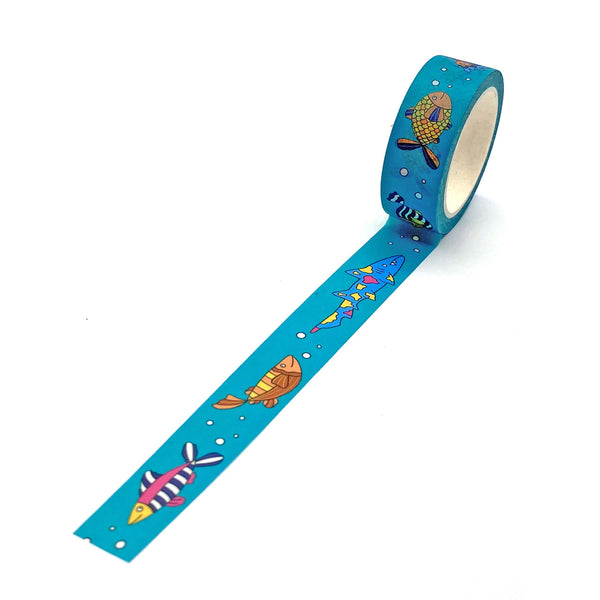 Roll of blue washi tape with fish and sharks