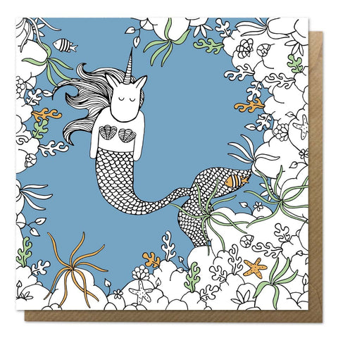 Blue greeting card with an illustration of a mermaid unicorn