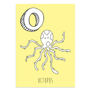Yellow postcard with an O for octopus