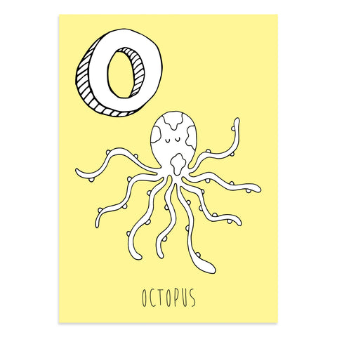 Yellow postcard with an O for octopus