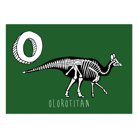 Green postcard featuring the letter O for olorotitan