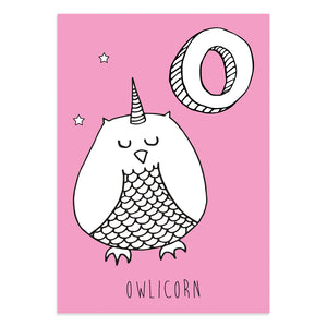Unicorn postcard featuring the letter O for owlicorn