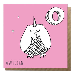 Pink greeting card with an illustration of an owl unicorn