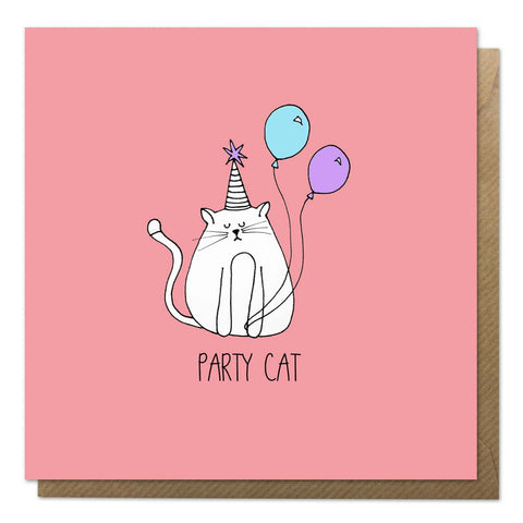 Red greeting card with an illustration of a cat with balloons