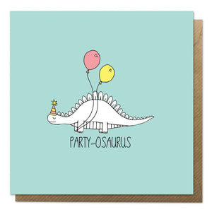 Green greeting card with an illustration of a dinosaur with balloons