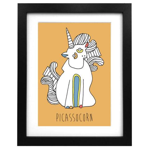 A3 orange art print with an illustration of Picasso unicorn
