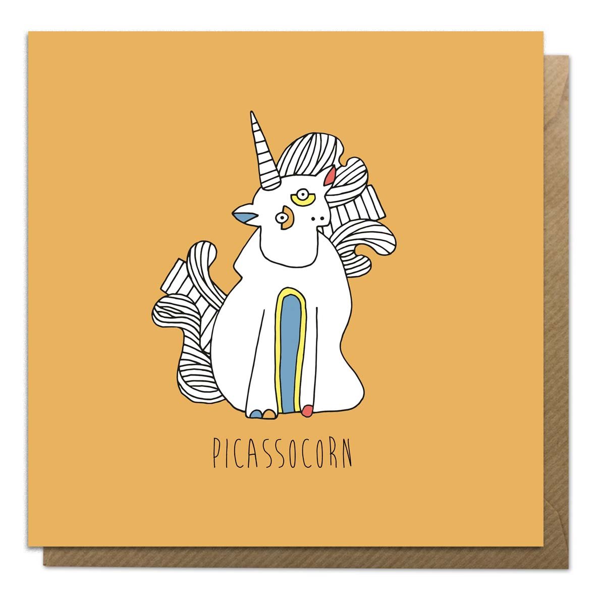 Orange greeting card with an illustration of Picasso unicorn