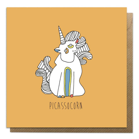 Orange greeting card with an illustration of Picasso unicorn