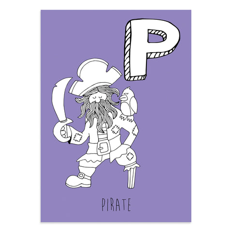 Purple postcard featuring a P for pirate