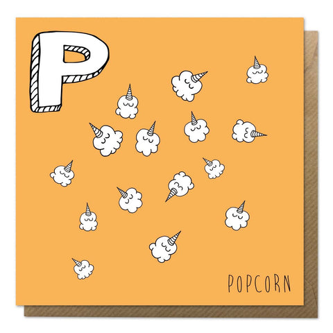 Orange greeting card with an illustration of popcorn unicorn