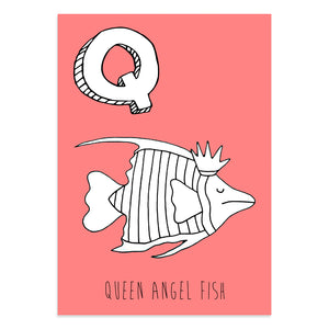 Red postcard featuring an Q for queen lobster fish