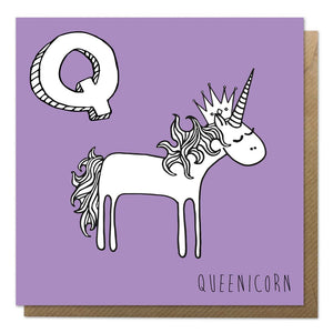 Purple greeting card with an illustration of a unicorn queen