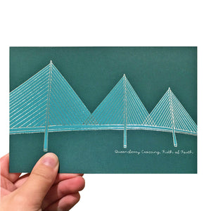 Turquoise card with a silver foil illustration of the Queensferry crossing bridge