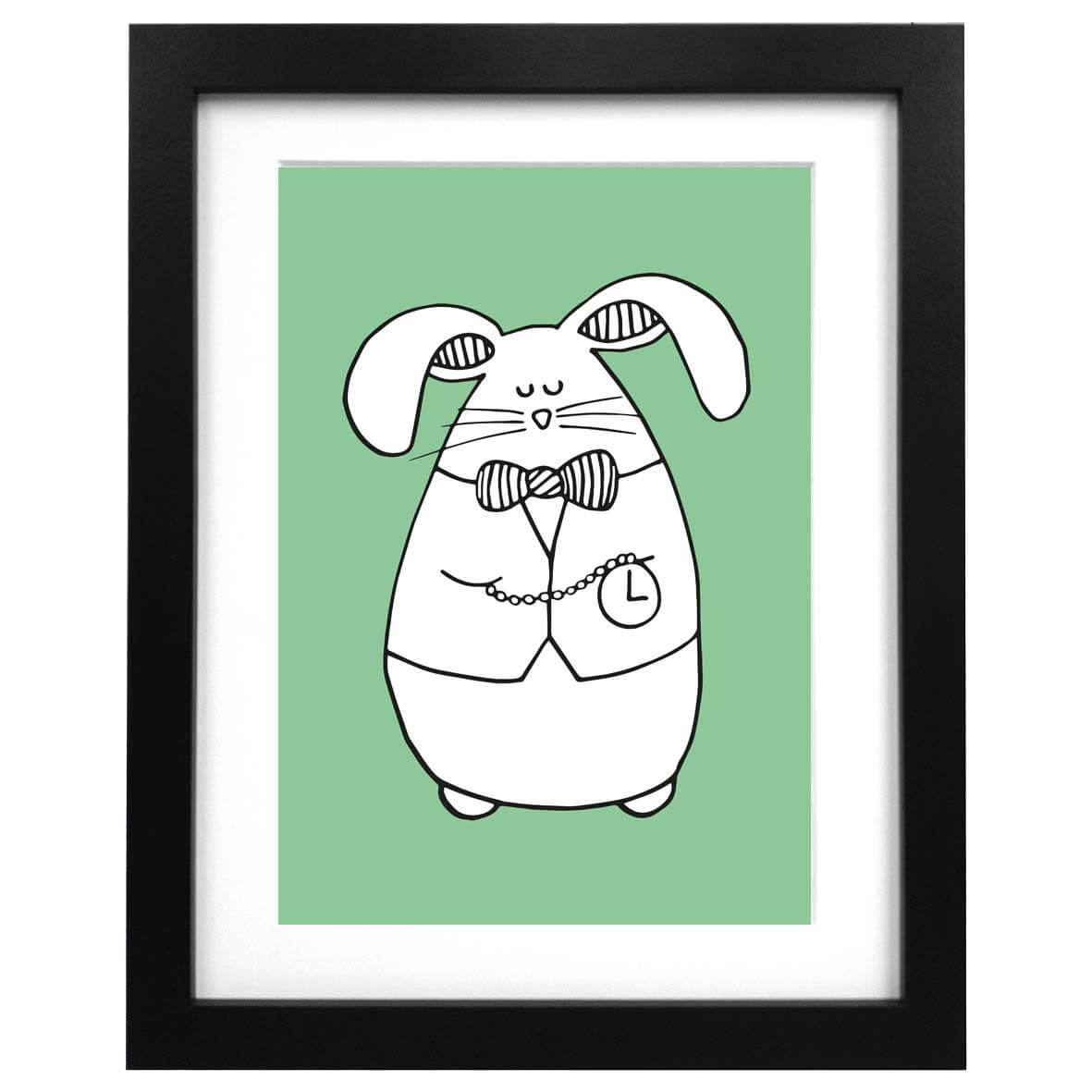 Green A3 sized art print with an illustration of a white rabbit