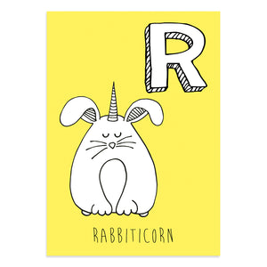 Unicorn postcard featuring the letter R for rabbiticorn