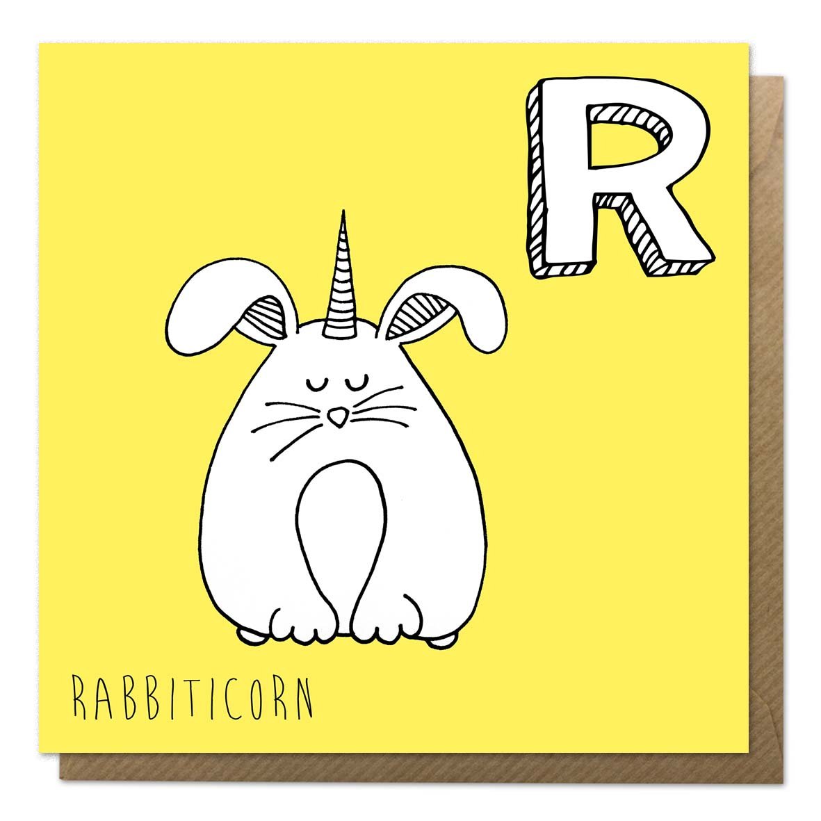 Yellow unicorn alphabet card with an illustration of a rabbit unicorn