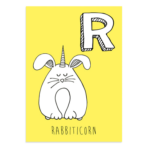 Unicorn postcard featuring the letter R for rabbiticorn