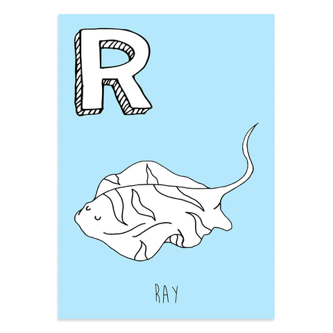 Blue postcard featuring the letter R for ray