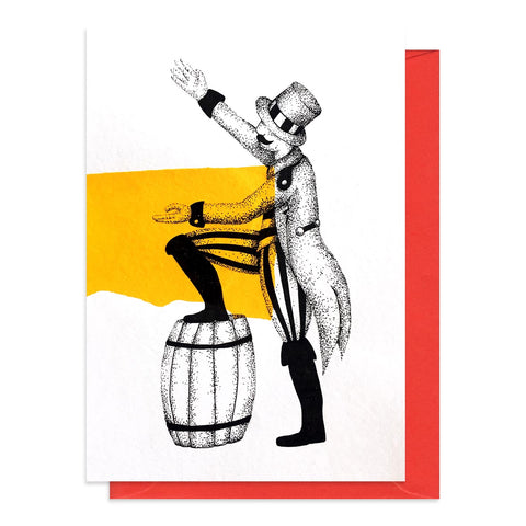 Greetings card featuring an illustration of a circus ringmaster