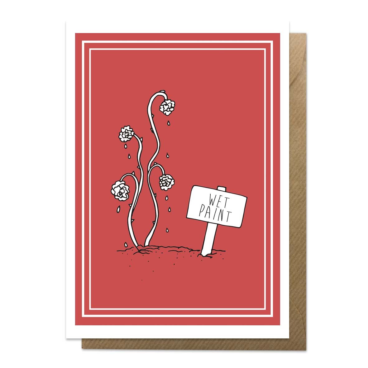 Red greeting card with an illustration of painted roses