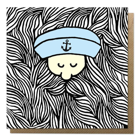 Greeting card with an illustration of a sailor with a giant beard