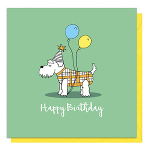 Green birthday card with an illustration of a schnauzer