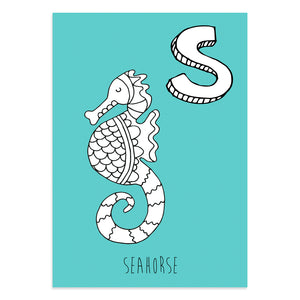 Turquoise postcard featuring the letter S for seahorse
