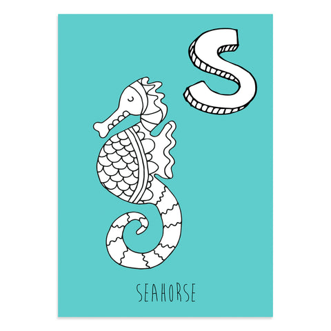 Turquoise postcard featuring the letter S for seahorse