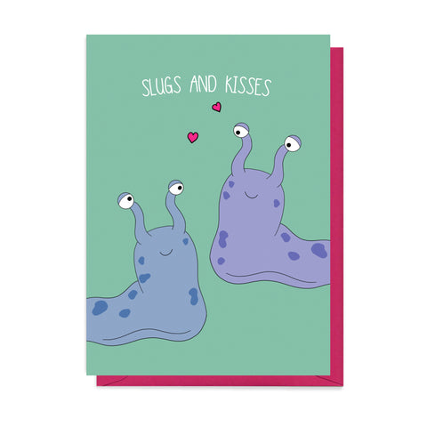 illustrated card featuring two slugs in love and the words 'Slugs and kisses'.