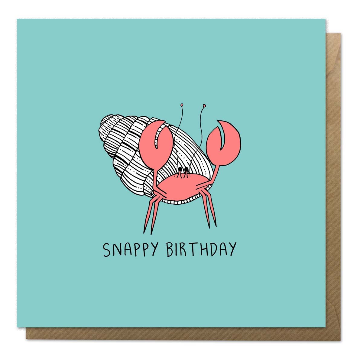 Blue birthday card with an illustration of a hermit crab