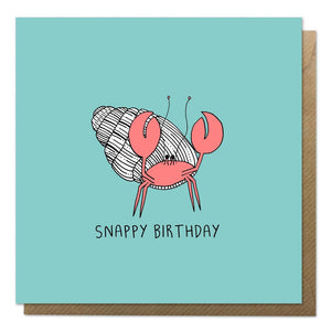 Blue birthday card with an illustration of a hermit crab