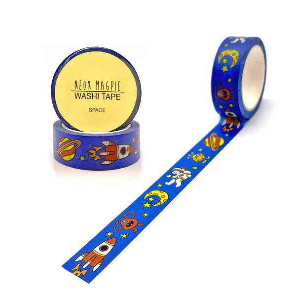 Blue space washi tape with rockets and aliens