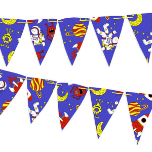 Blue bunting covered with moons, stars and rockets
