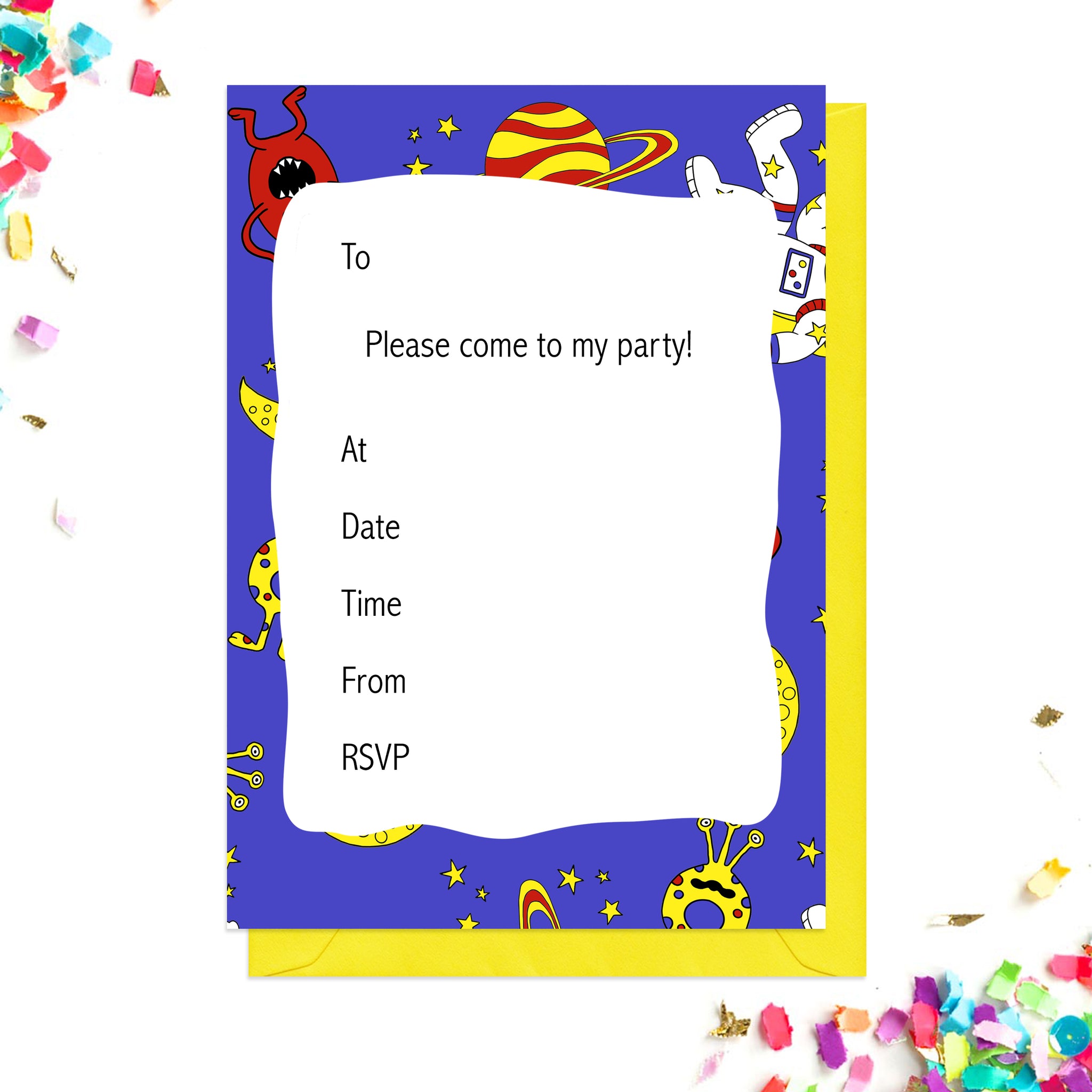 Blue space party invitations