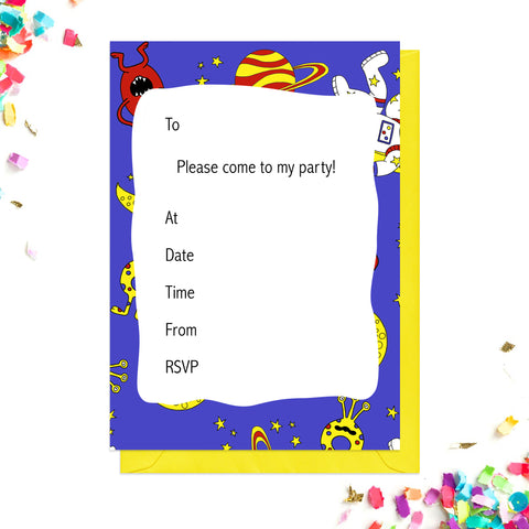 Blue space party invitations