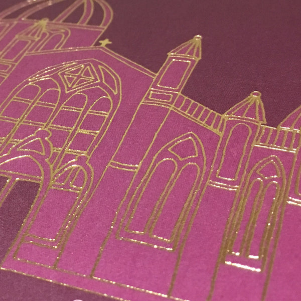 Close up of gold foil detail of St Giles church