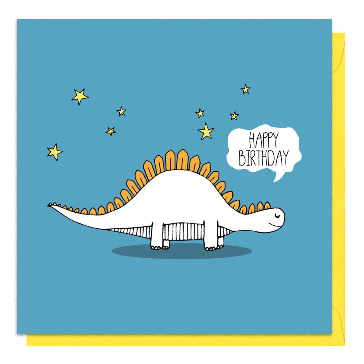 Blue birthday card with an illustration of a stegosaurus