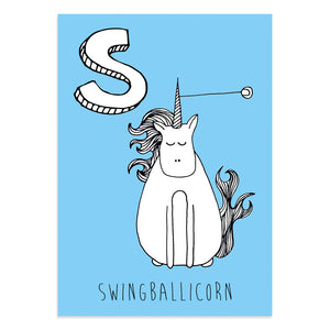 Unicorn postcard featuring the letter S for swingballicorn
