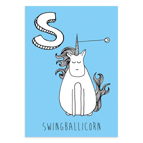 Unicorn postcard featuring the letter S for swingballicorn