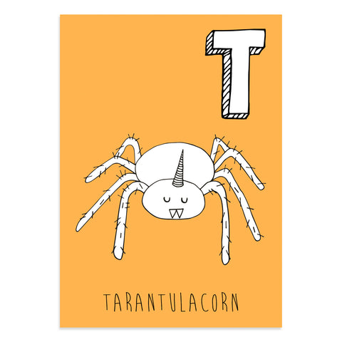 Unicorn postcard featuring the letter T for tarantulacorn