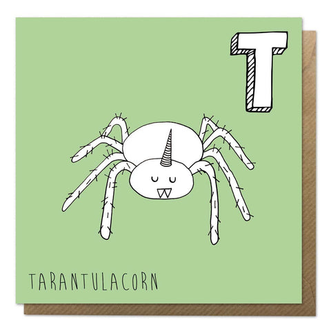 Green alphabet unicorn card with a tarantula unicorn