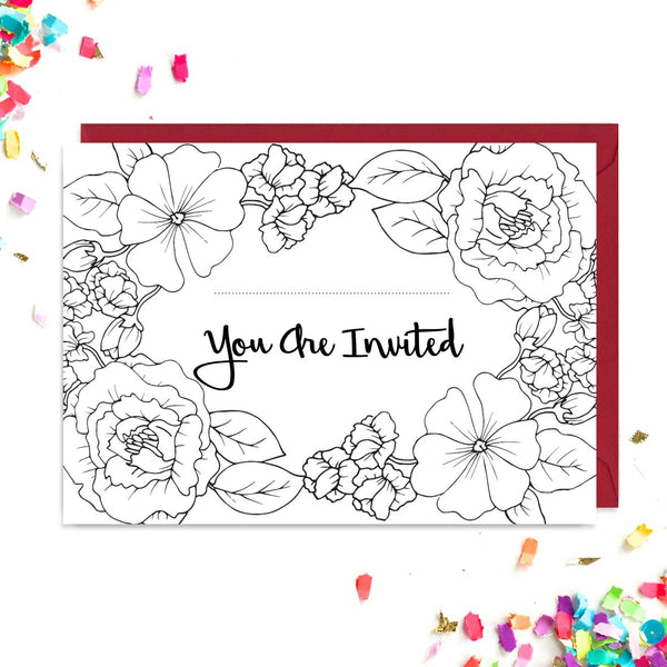 Front of black and white floral tattoo wedding invitations