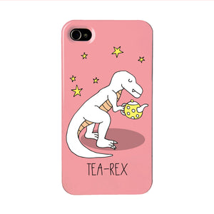 Pink phone case with an illustration of a tea-rex