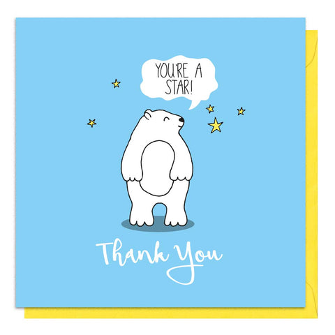 Blue thank you card with an illustration of a white bear