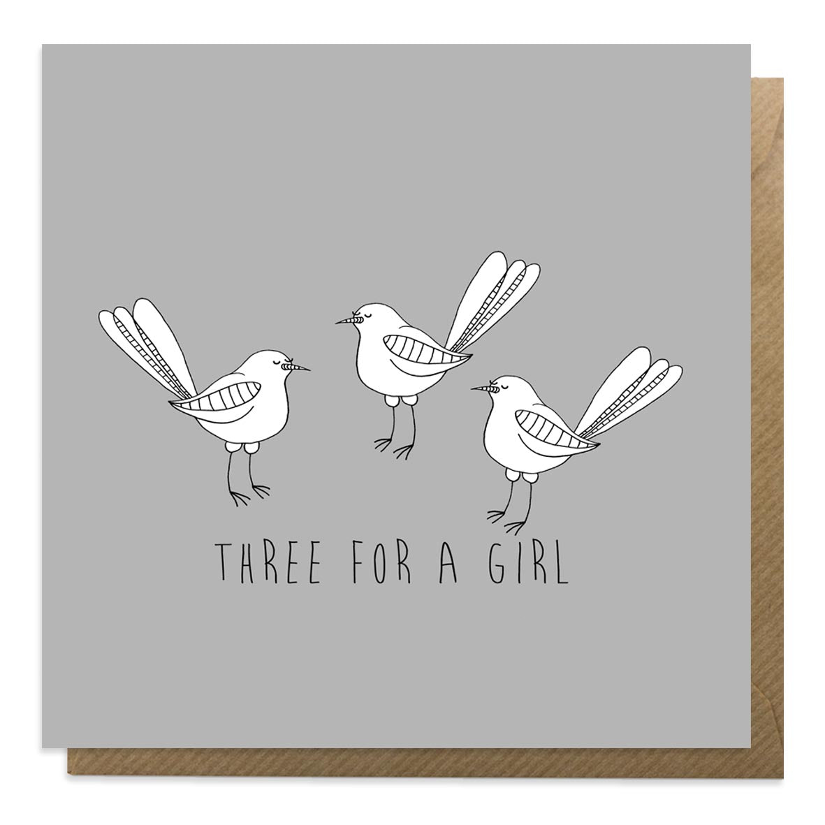 Grey greeting card with an illustration of three magpies