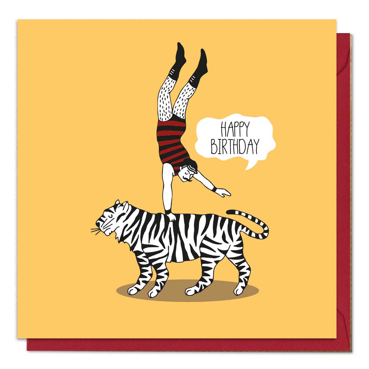 Quirky birthday card featuring an illustration of a man balancing on a tiger